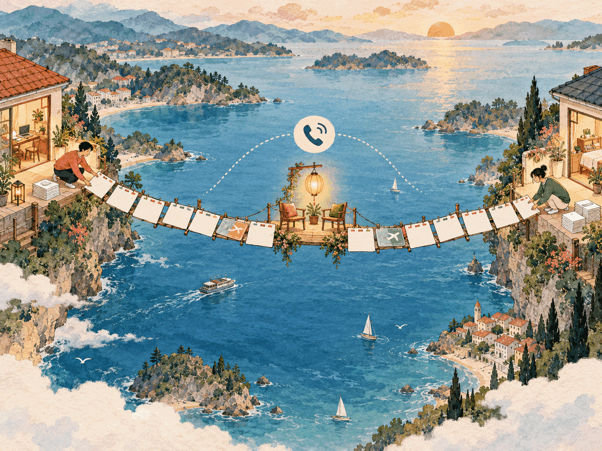 A paper bridge of calendar pages connects two homes across water with a reunion point in the middle