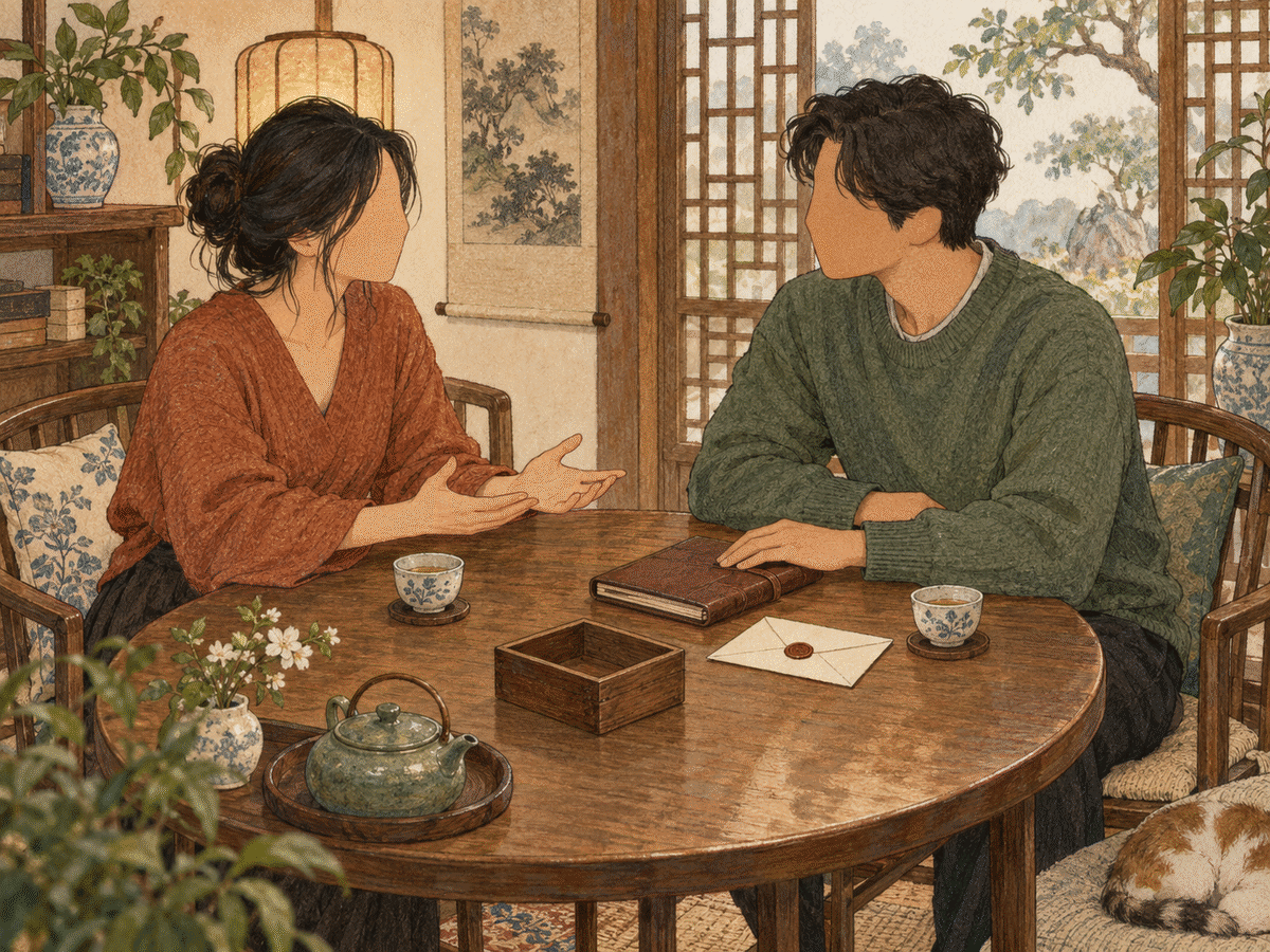 Two friends have a calm serious conversation across a tea table with a closed journal between them