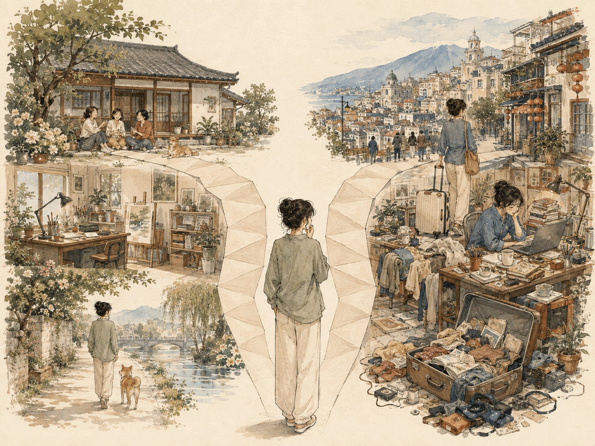 A person compares more breathing room in a familiar life with old habits following into a beautiful new city