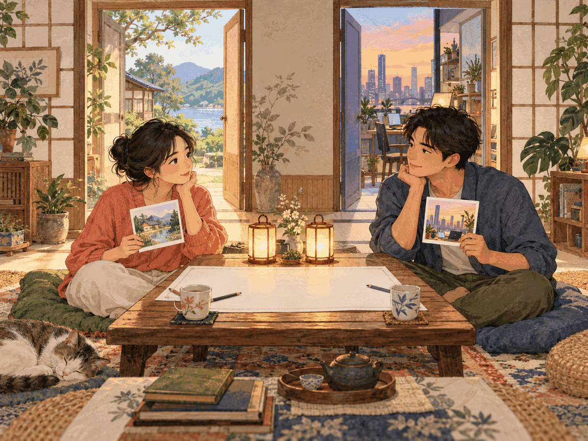 Two partners compare independent futures across a shared table with two equally bright lanterns