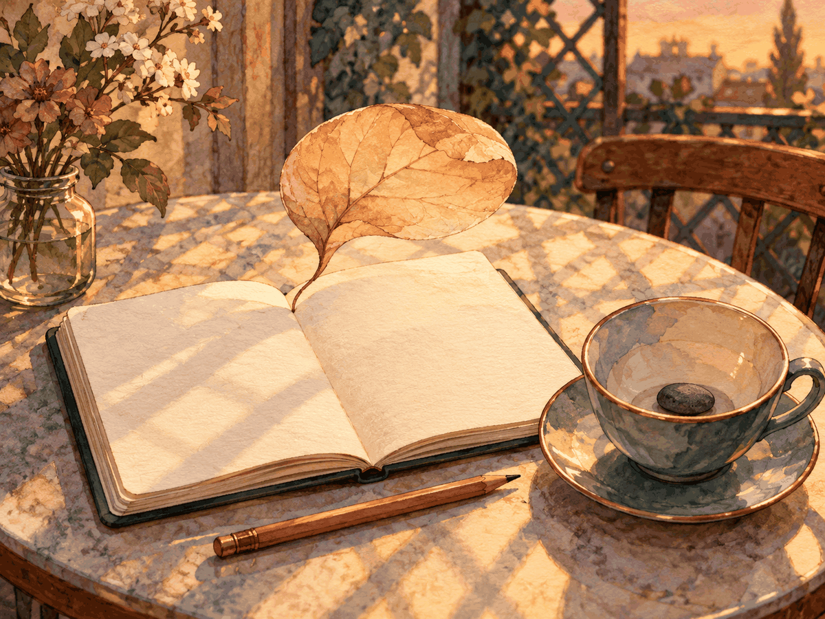 A leaf rises from a blank notebook beside a teacup containing a small pebble.