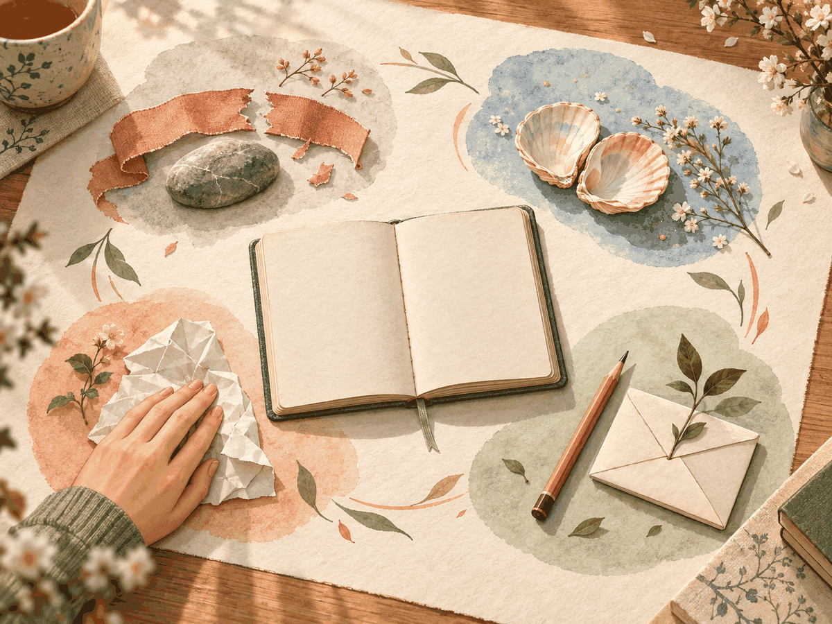 Four paper and keepsake vignettes representing facts, loss, accountability, and a chosen pause