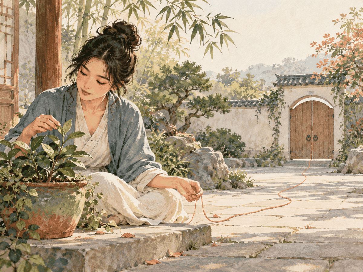 A person releases a loose thread beside a garden gate and returns attention to a growing plant