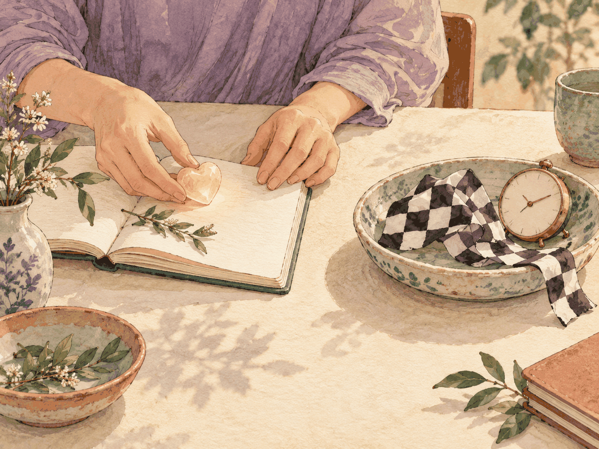 Hands separate a heart-shaped stone from a paper racing ribbon on a tabletop