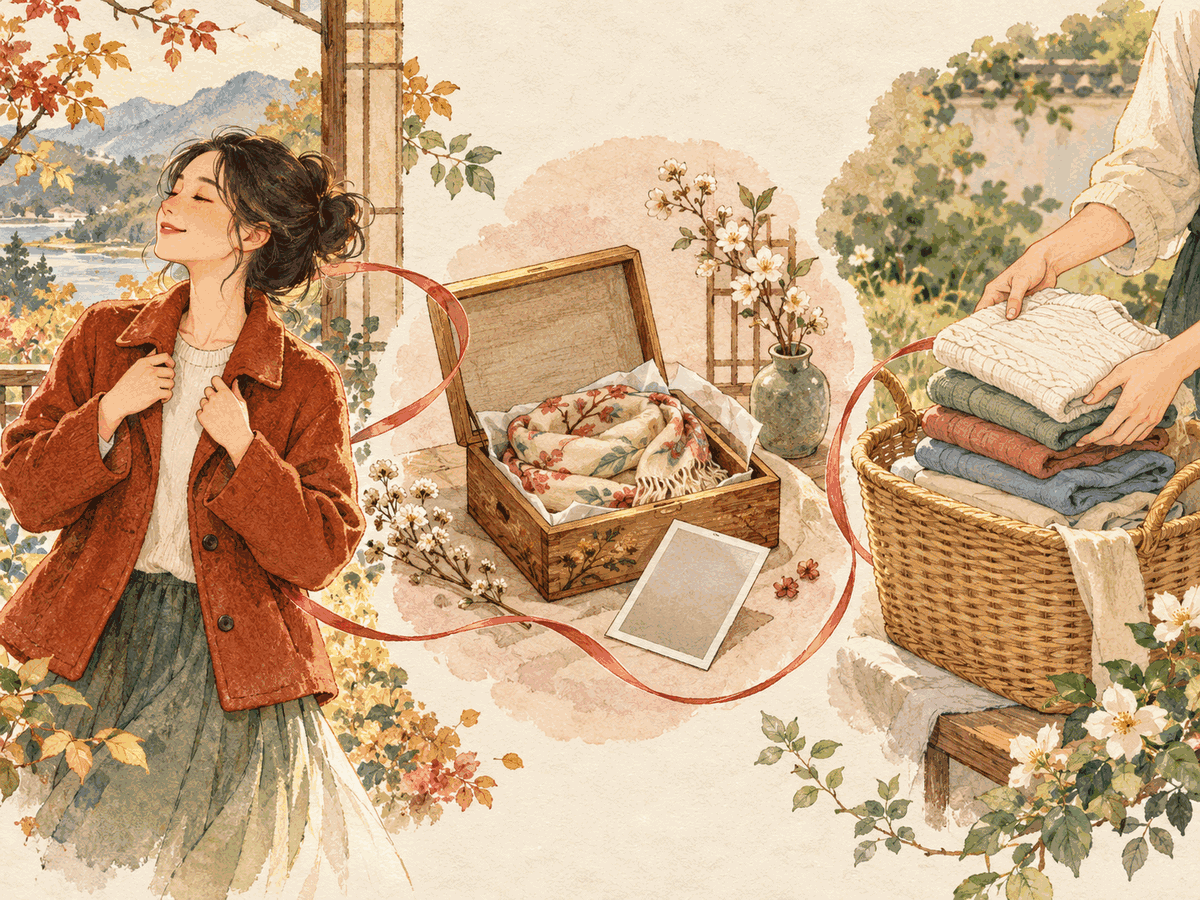 A favorite jacket, a keepsake scarf, and folded clothes moving toward a new home