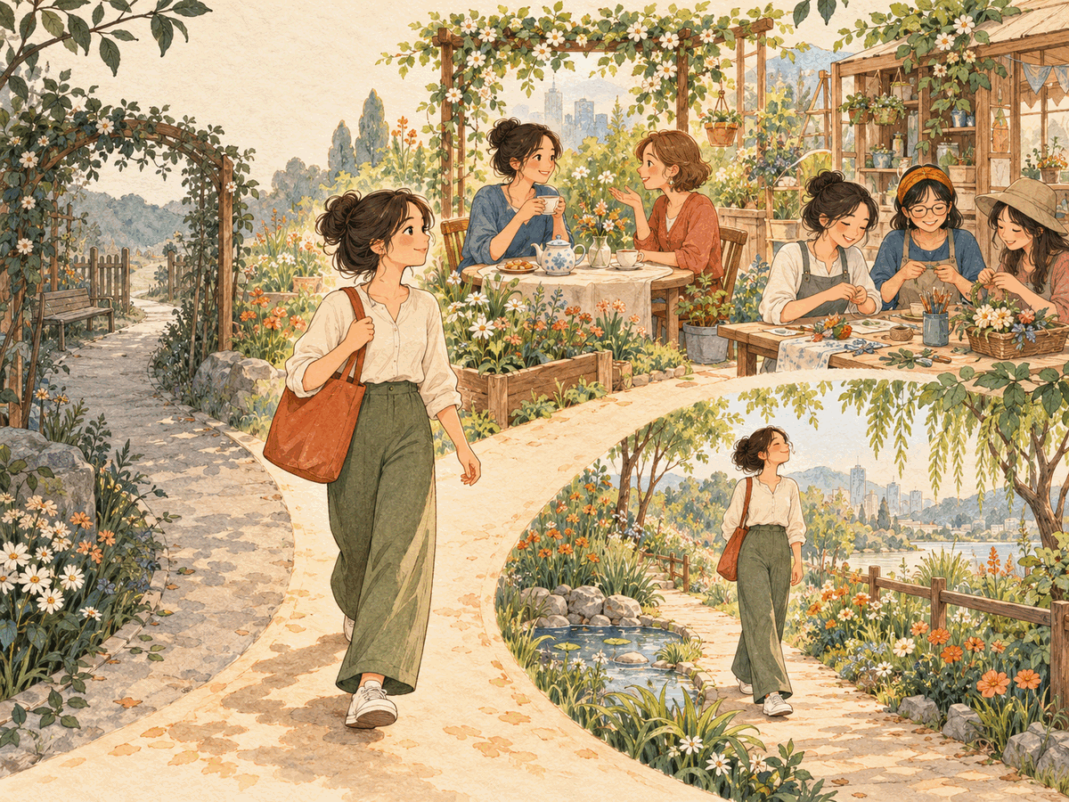A woman explores tea, a creative group, and a peaceful solo walk while leaving an open path behind