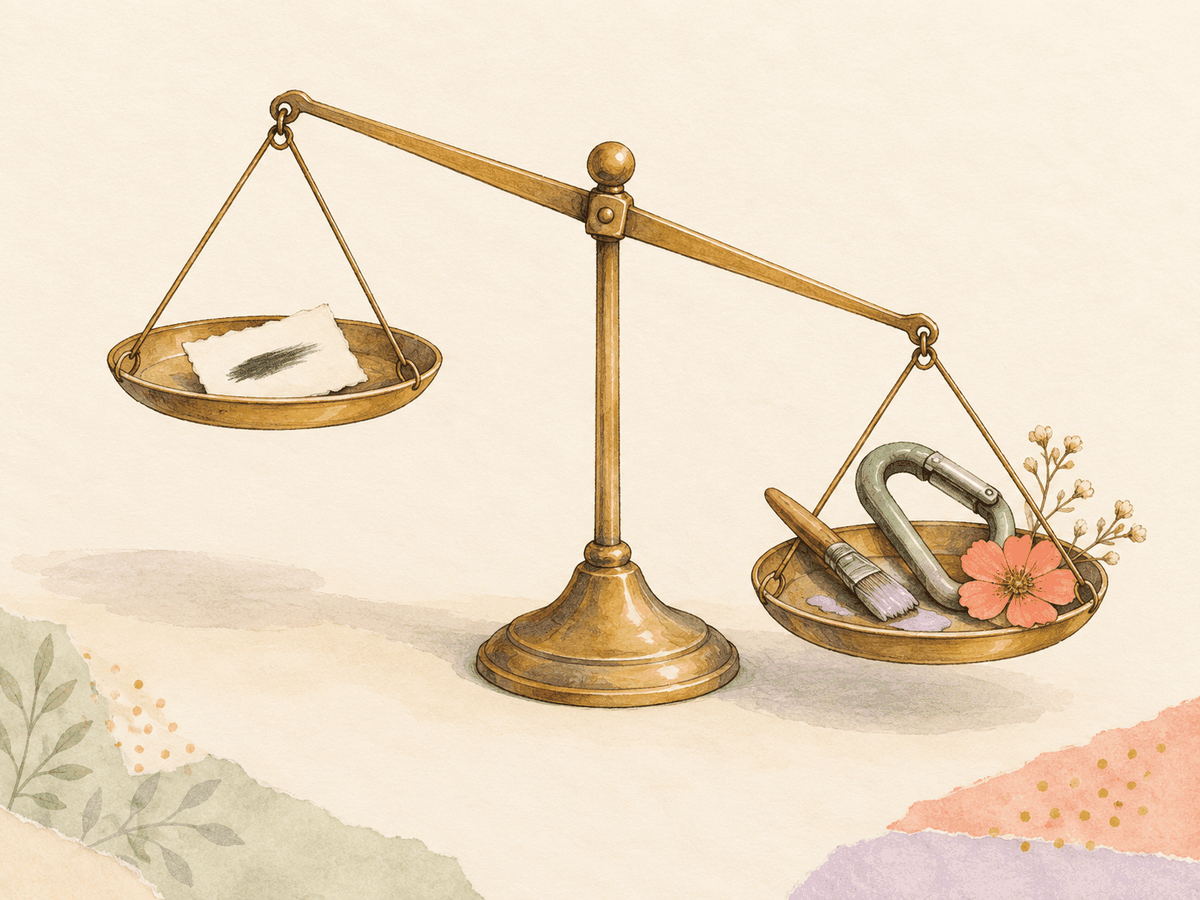 A balance holds a small paper mark opposite a brush, carabiner and flower.