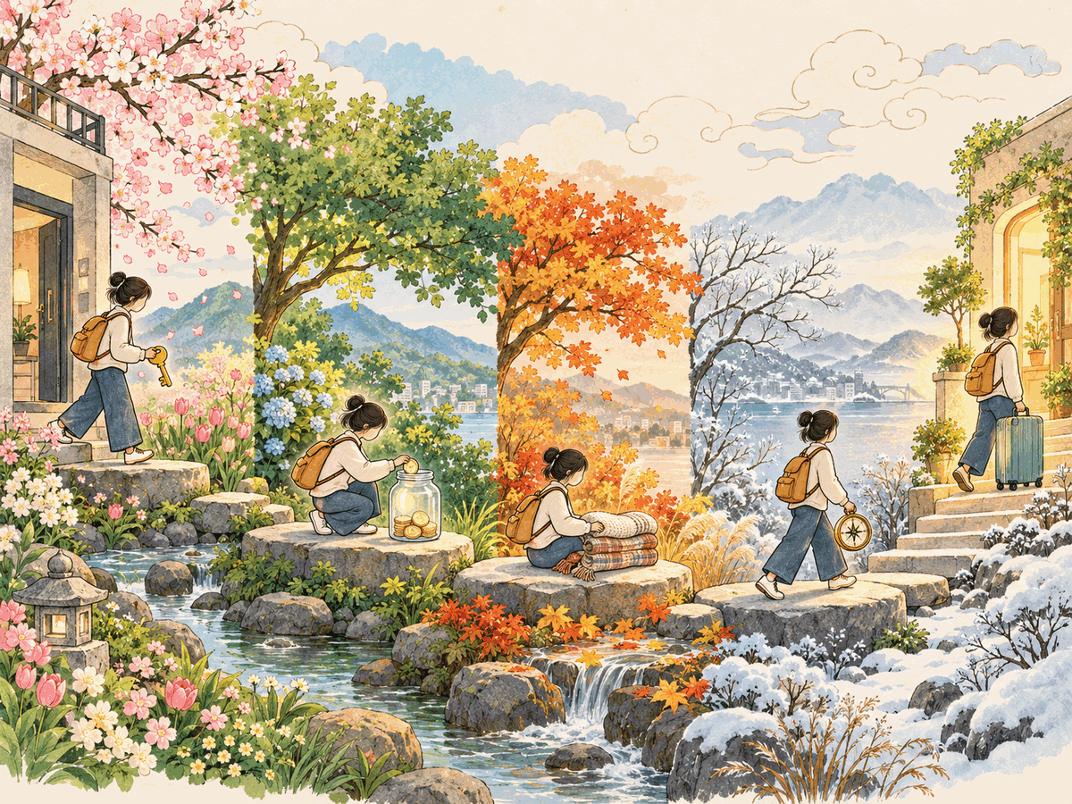 Four seasons forming stepping stones from an apartment key toward a brighter future doorway
